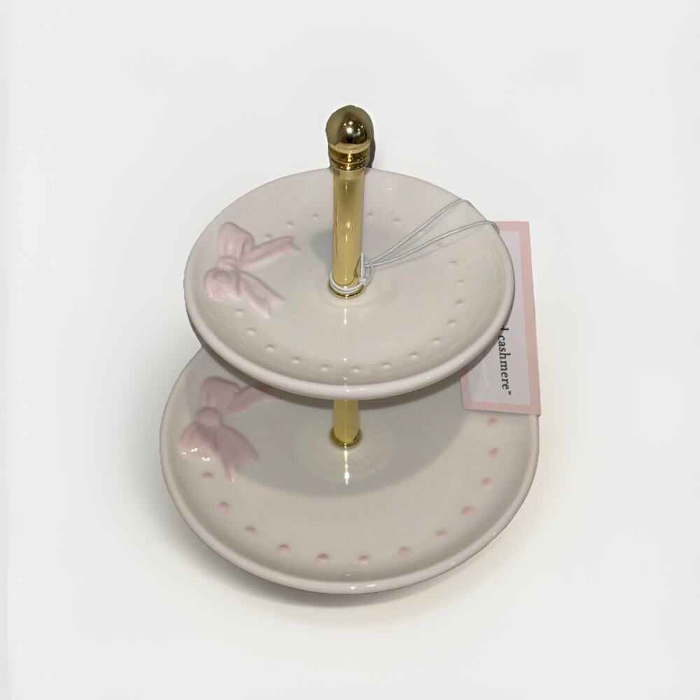 Cupcakes & Cashmere Pink Bow 2-Tier Jewelry Holder Lazy Susan Display Ceramic
